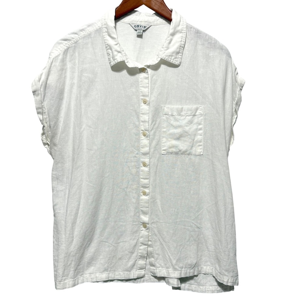 Orvis Women Button Front Shirt L White Linen Blend Coastal Beachy Preppy Resort